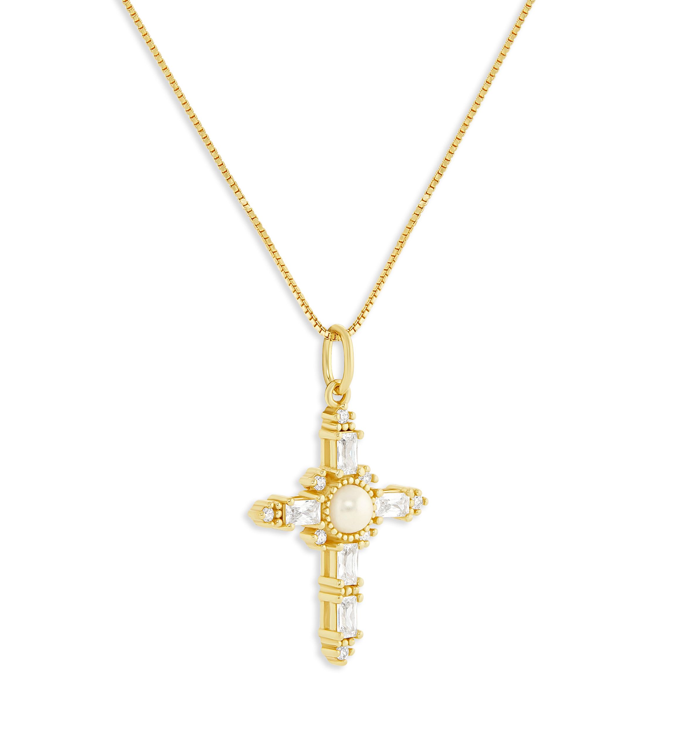 Gold Over Sterling Silver Glass Pearl & Pave Cubic Zirconia Cross Box Chain Pendant Necklace