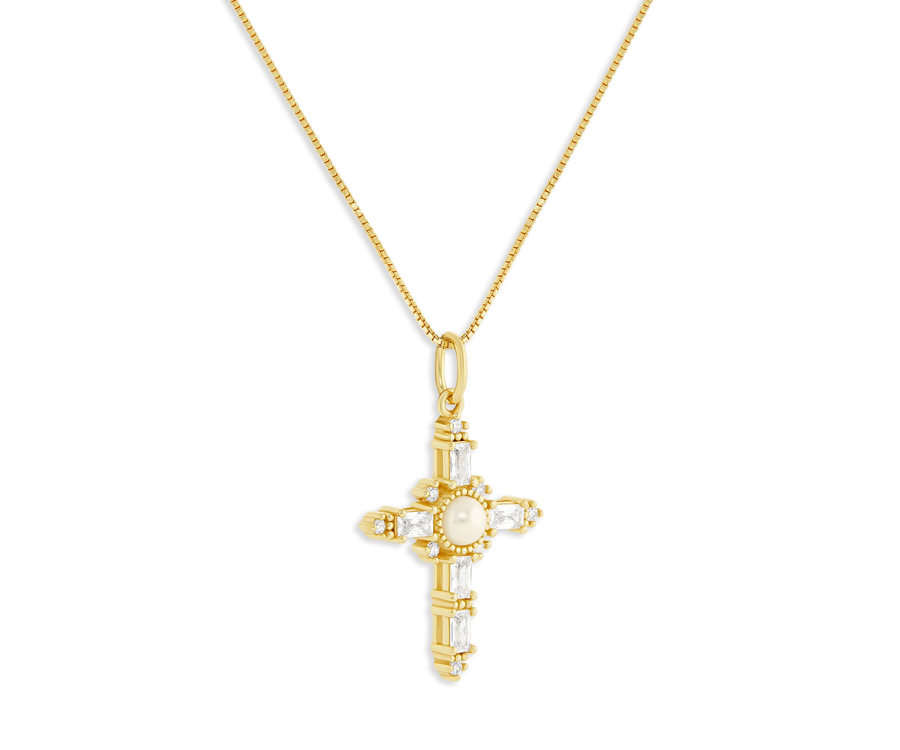 Gold Over Sterling Silver Glass Pearl & Pave Cubic Zirconia Cross Box Chain Pendant Necklace