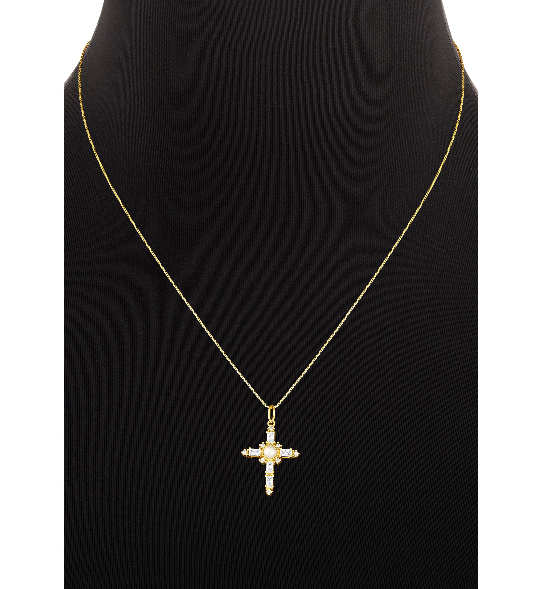 Gold Over Sterling Silver Glass Pearl & Pave Cubic Zirconia Cross Box Chain Pendant Necklace