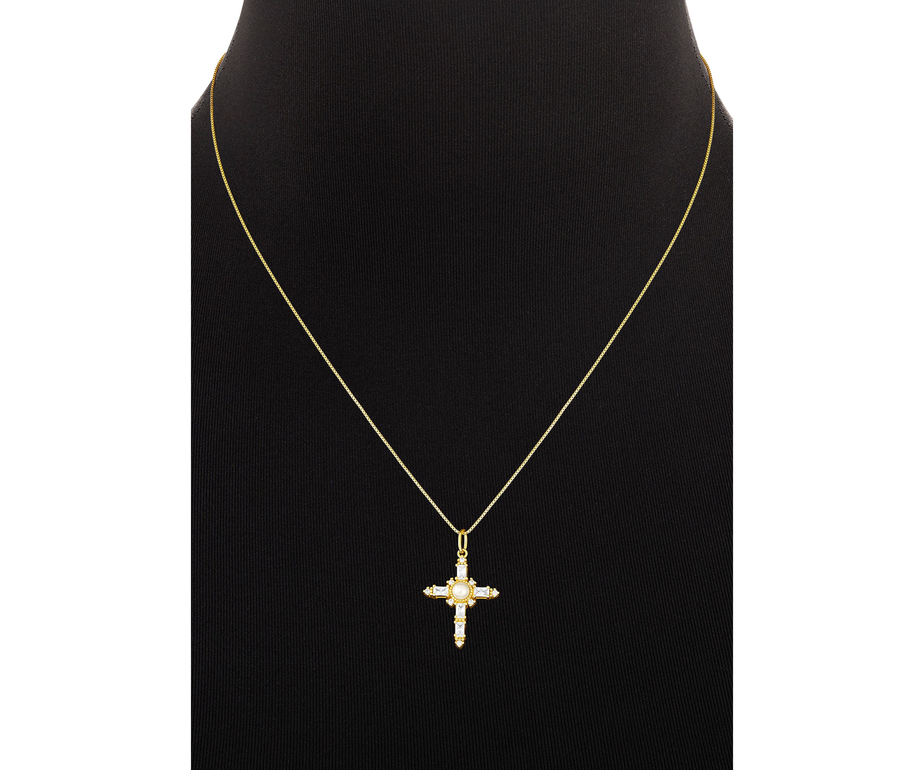 Gold Over Sterling Silver Glass Pearl & Pave Cubic Zirconia Cross Box Chain Pendant Necklace