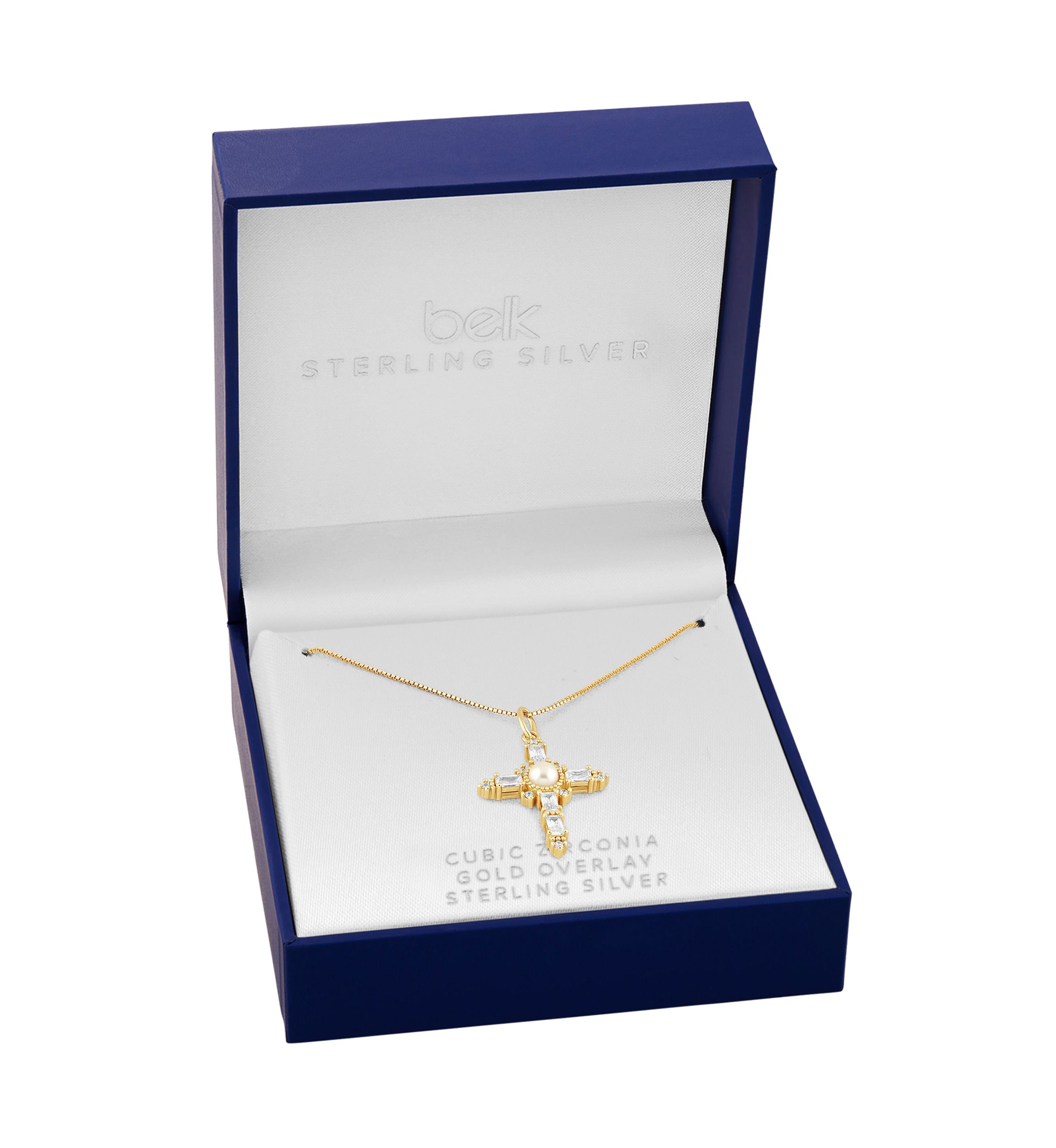 Gold Over Sterling Silver Glass Pearl & Pave Cubic Zirconia Cross Box Chain Pendant Necklace