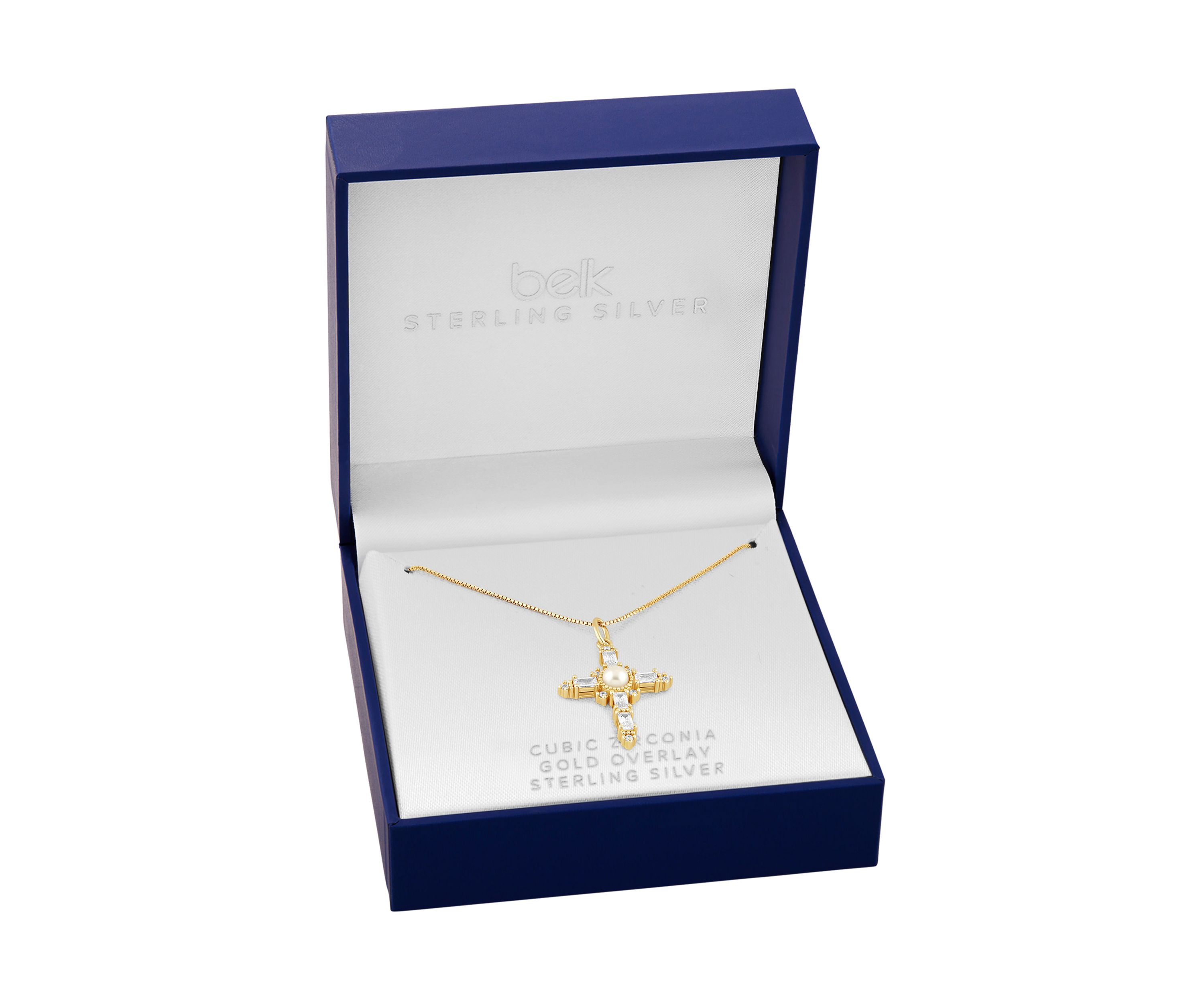 Gold Over Sterling Silver Glass Pearl & Pave Cubic Zirconia Cross Box Chain Pendant Necklace