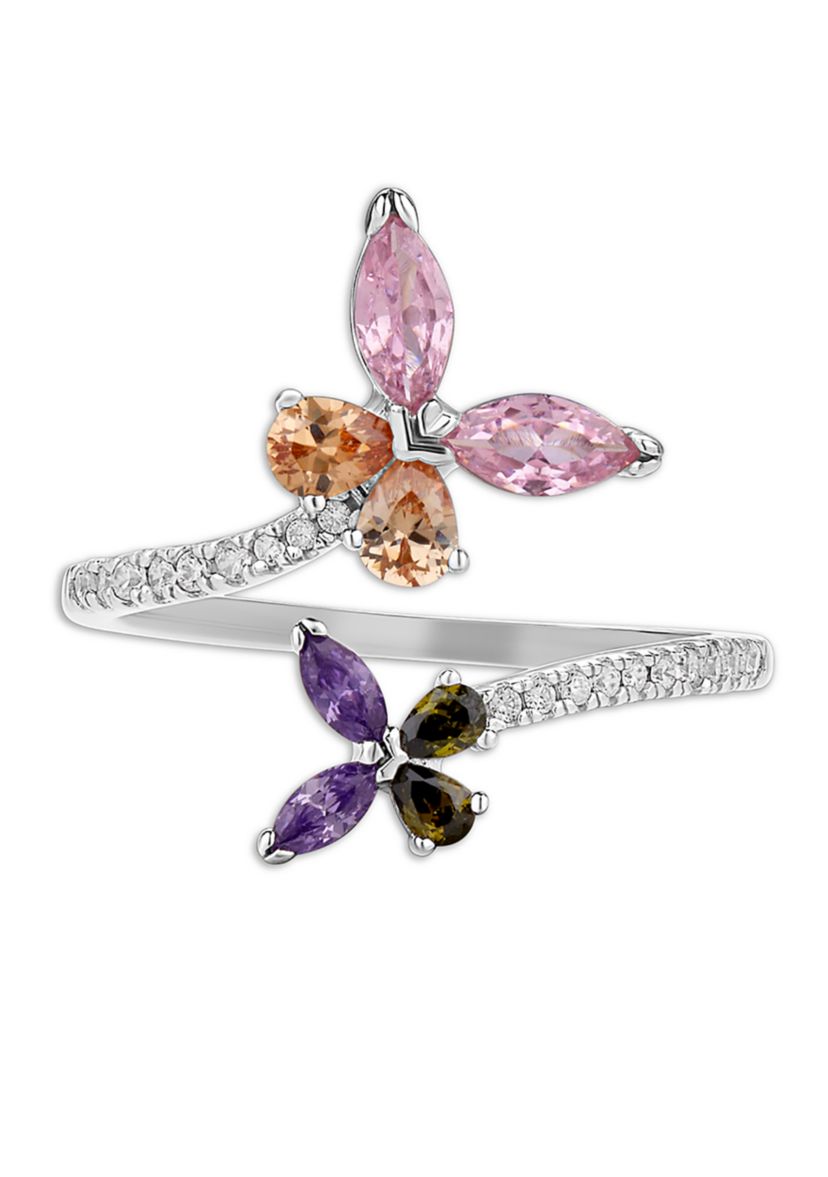 Sterling Silver Multicolor Cubic Zirconia Butterfly Ring