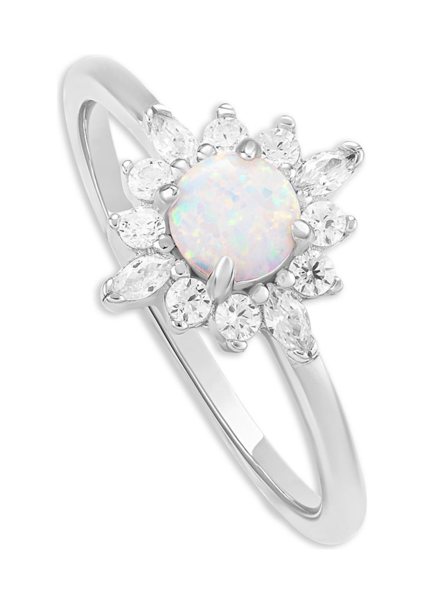 Sterling Silver Cubic Zirconia Opal Center Cluster Ring - Size 7