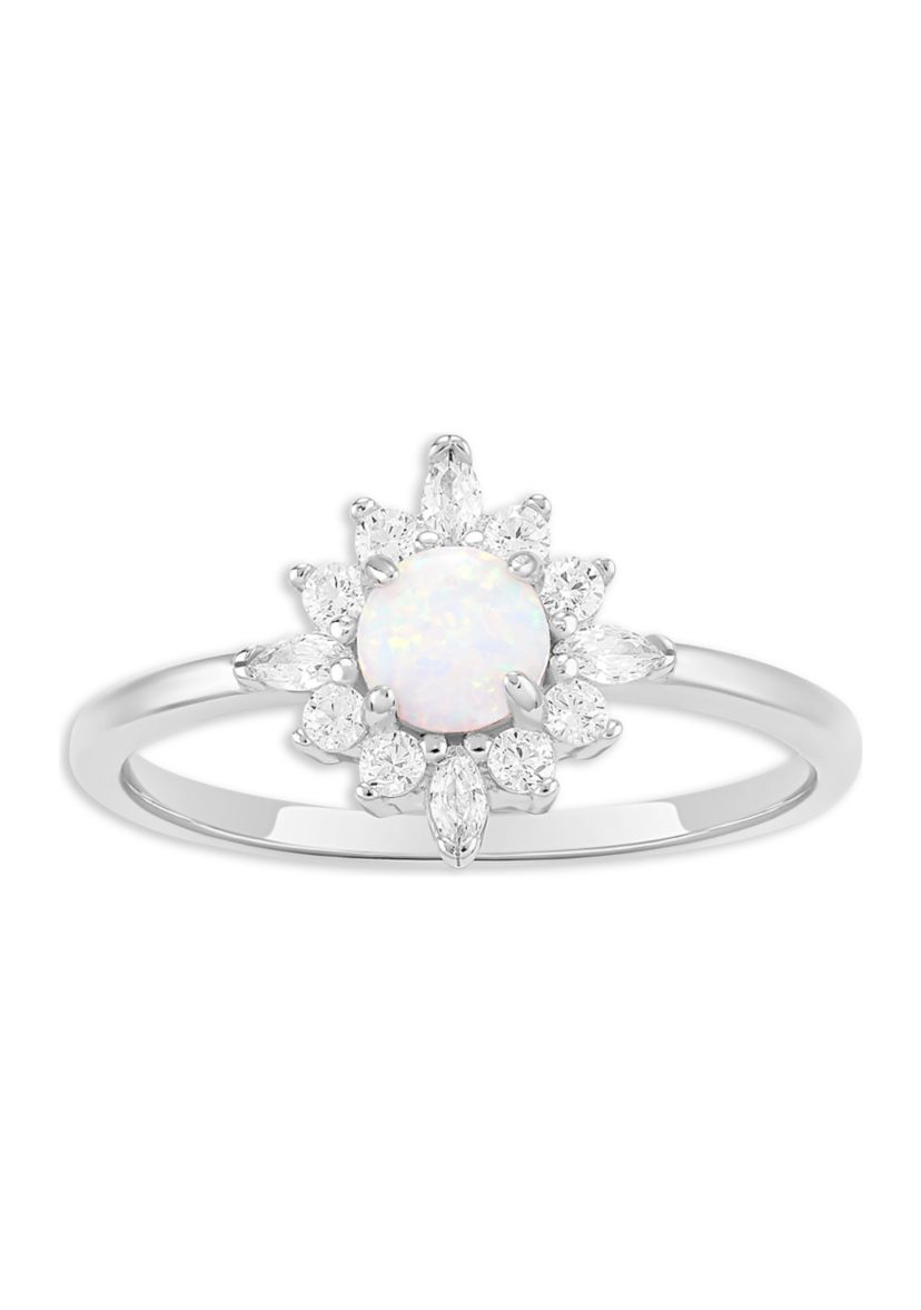Sterling Silver Cubic Zirconia Opal Center Cluster Ring - Size 7