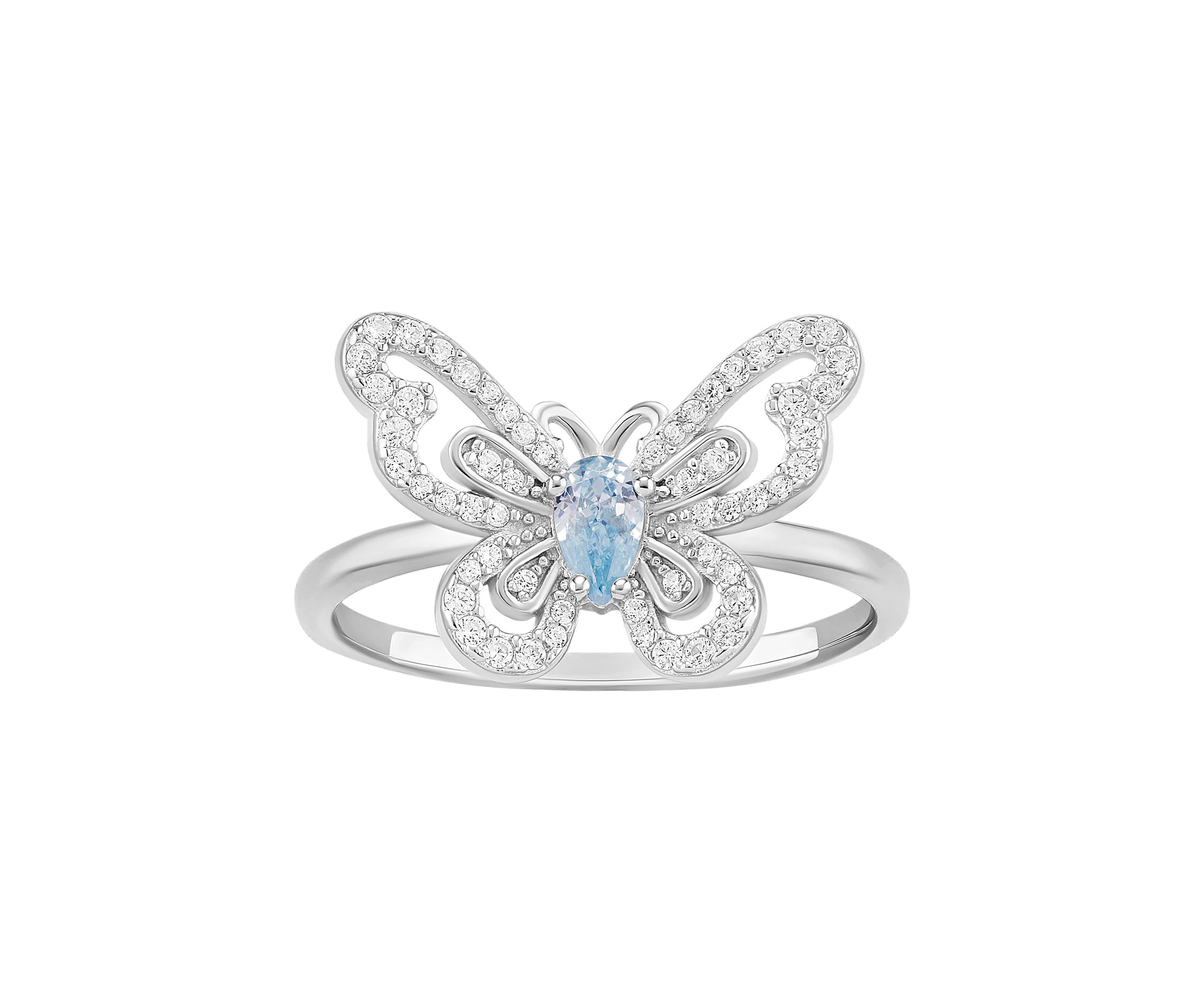 Sterling Silver Cubic Zirconia Aqua Pear Butterfly Ring