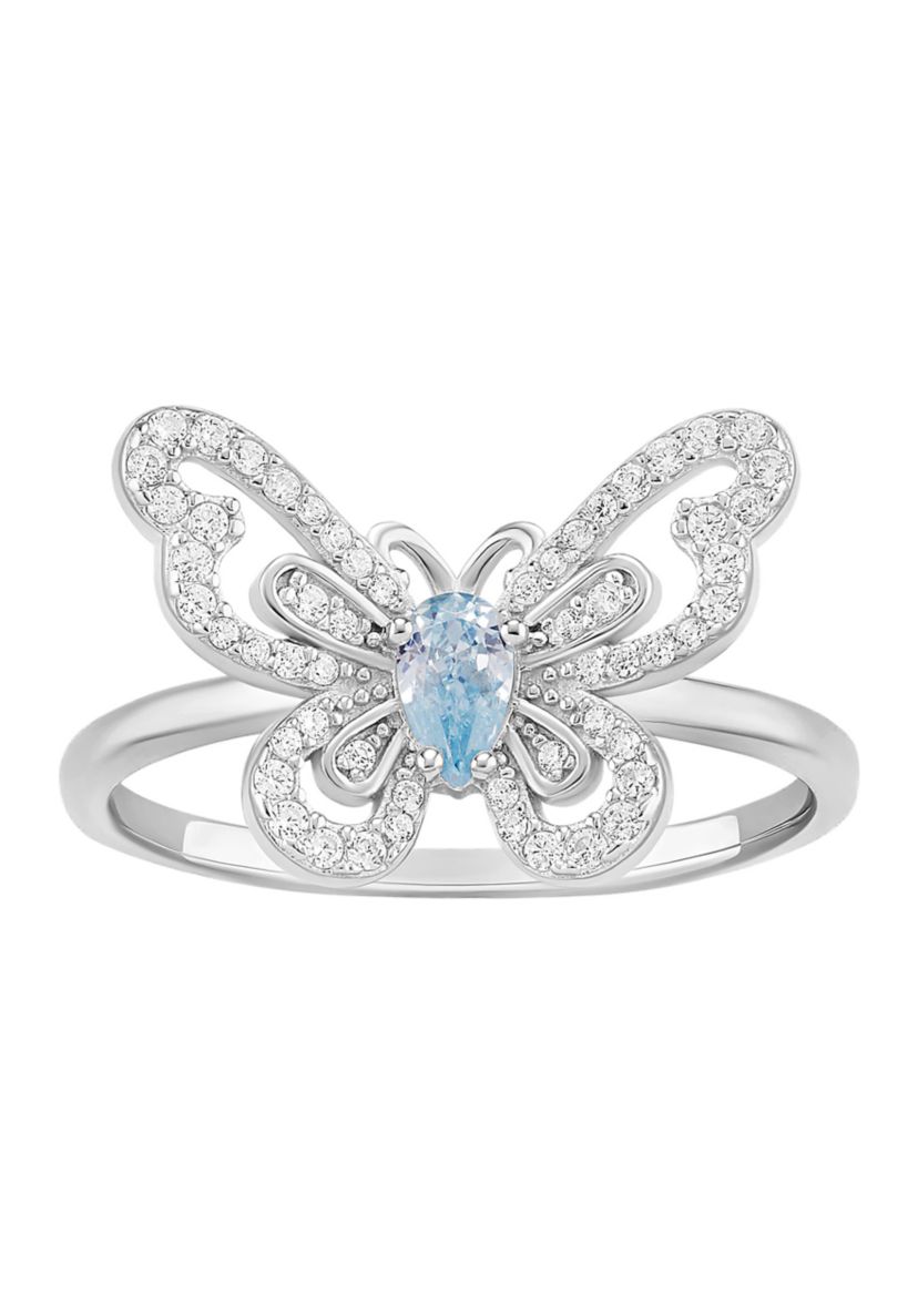 Sterling Silver Cubic Zirconia Aqua Pear Butterfly Ring
