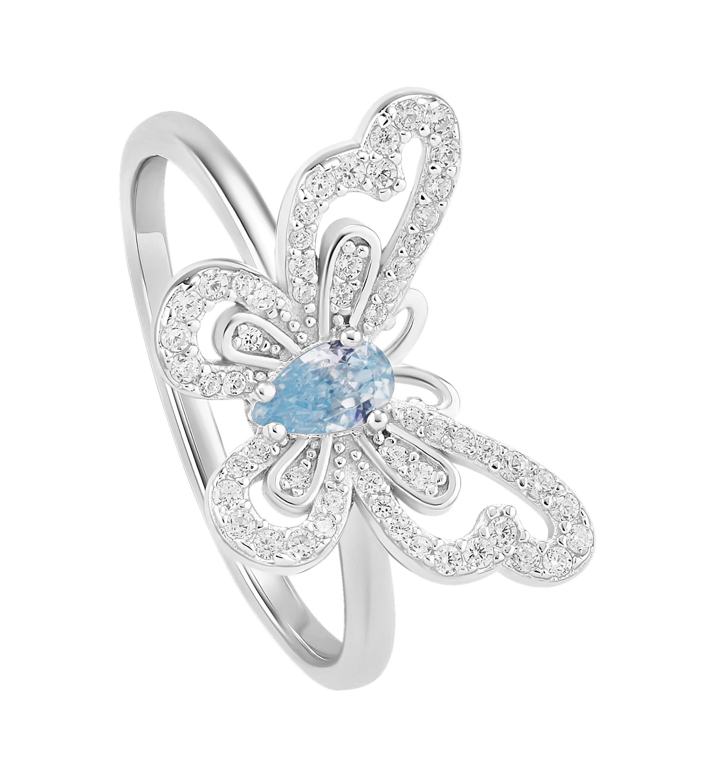 Sterling Silver Cubic Zirconia Aqua Pear Butterfly Ring