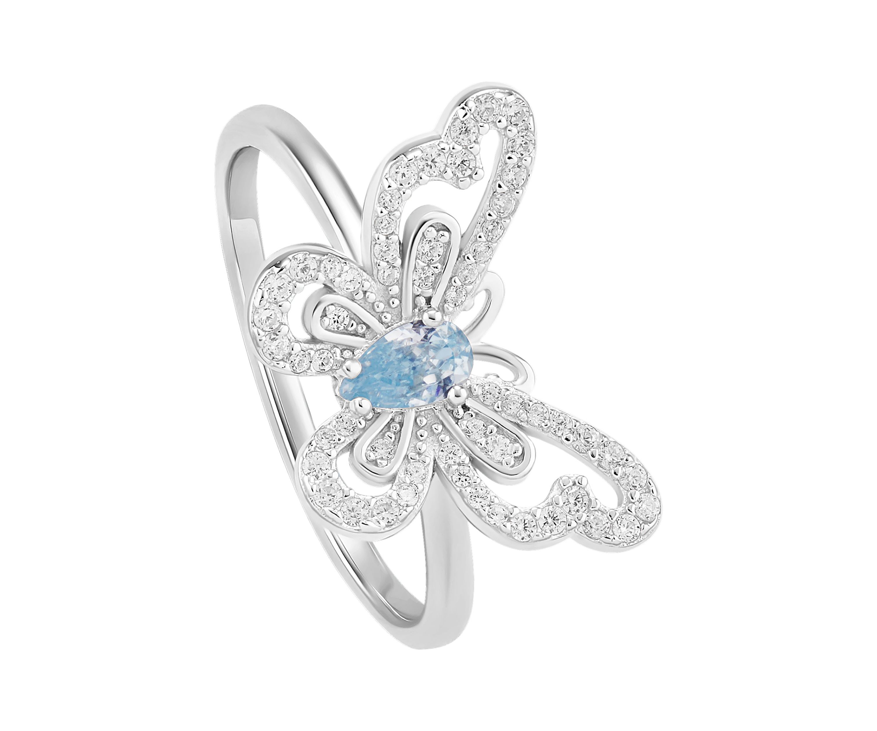 Sterling Silver Cubic Zirconia Aqua Pear Butterfly Ring