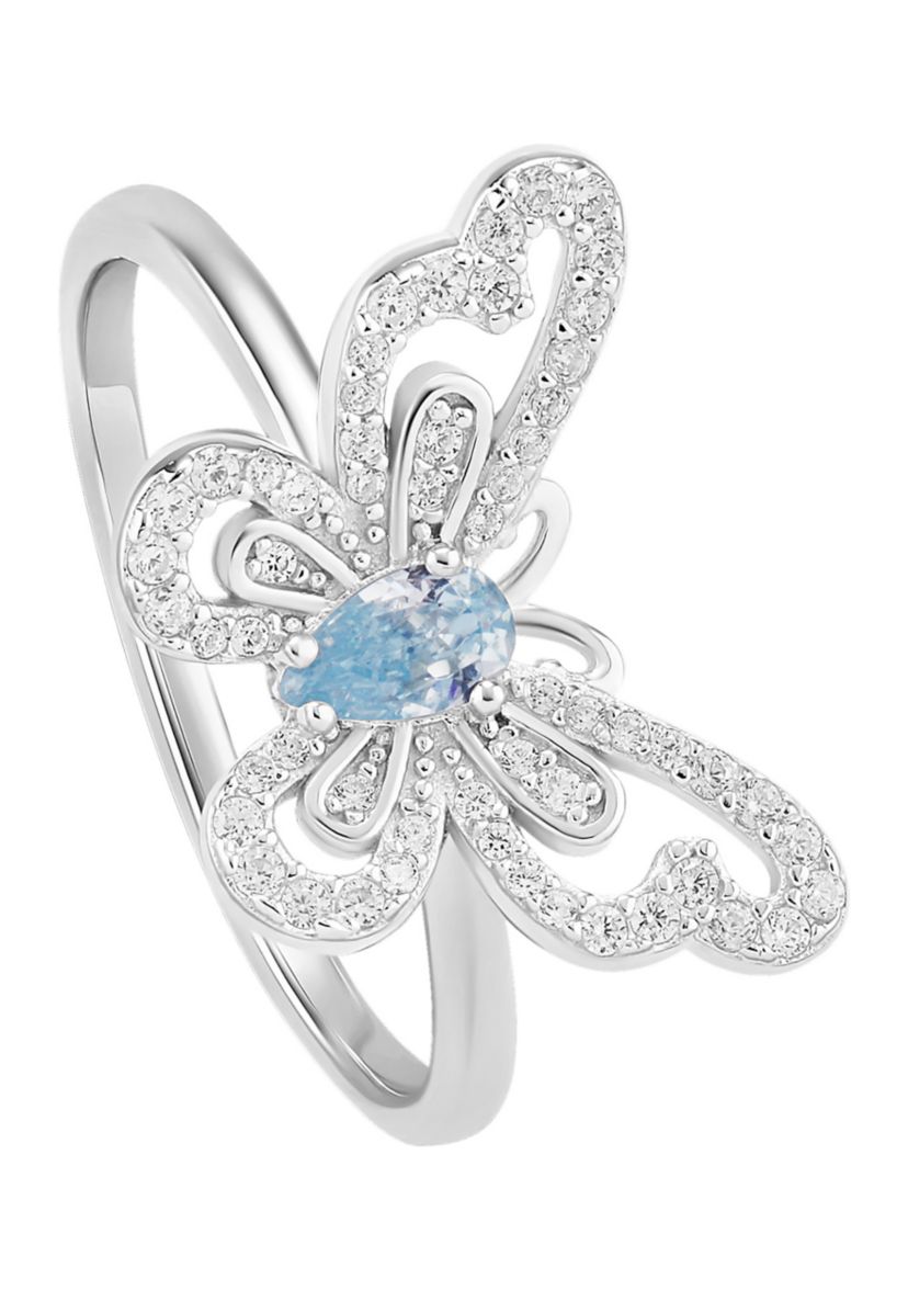 Sterling Silver Cubic Zirconia Aqua Pear Butterfly Ring