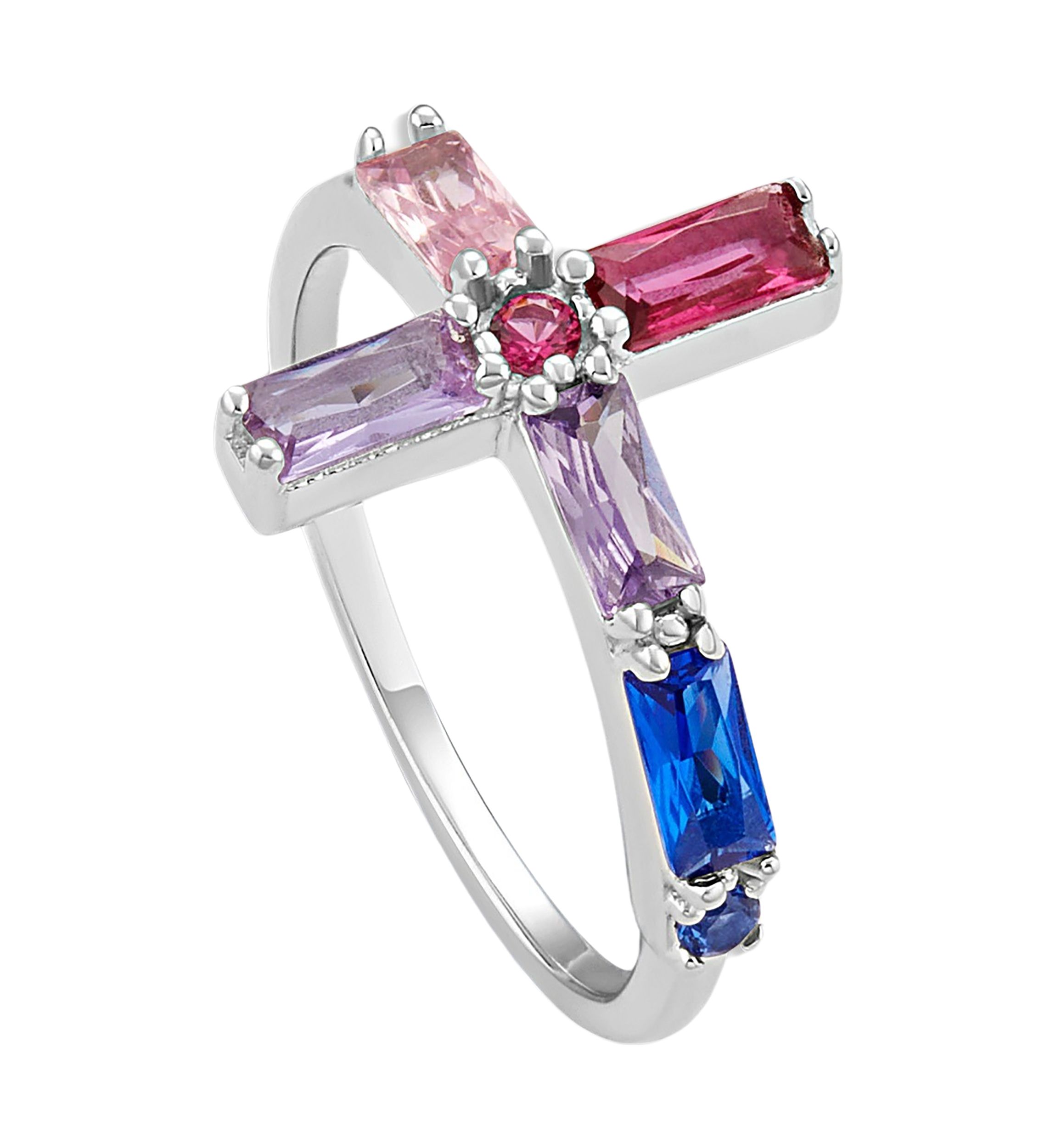 Sterling Silver Multicolor Baguette Cubic Zirconia Cross Ring