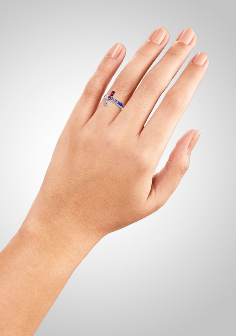 Sterling Silver Multicolor Baguette Cubic Zirconia Cross Ring