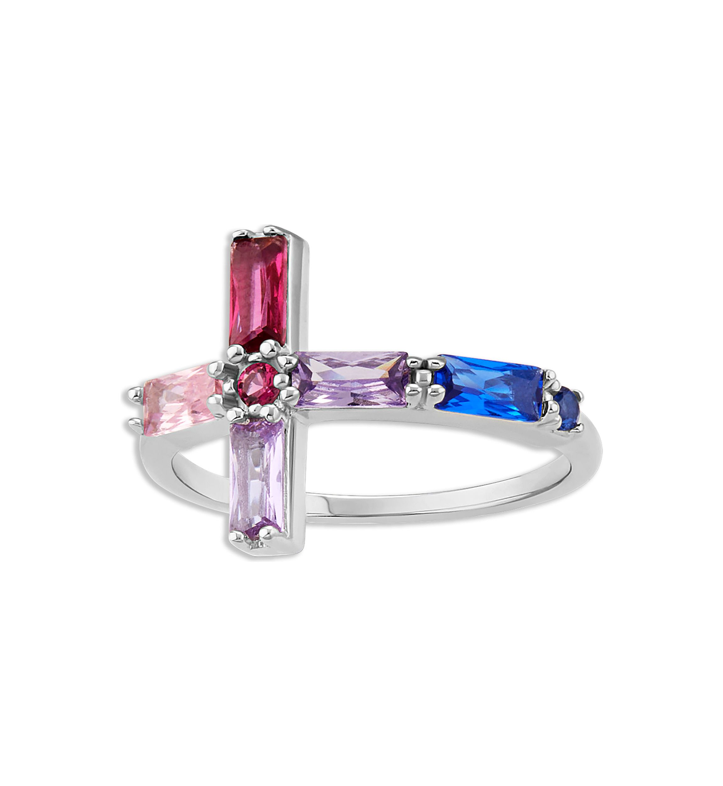 Sterling Silver Multicolor Baguette Cubic Zirconia Cross Ring