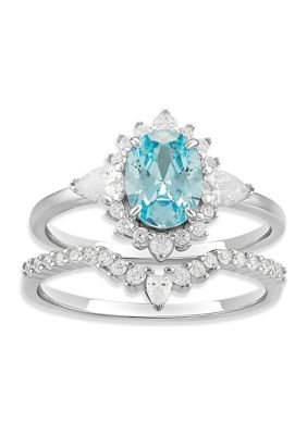 Sterling Silver Aquamarine Cubic Zirconia Cluster Ring Set