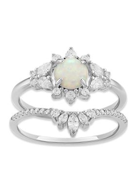 Sterling Silver Round Opal Cubic Zirconia Cluster Ring Set