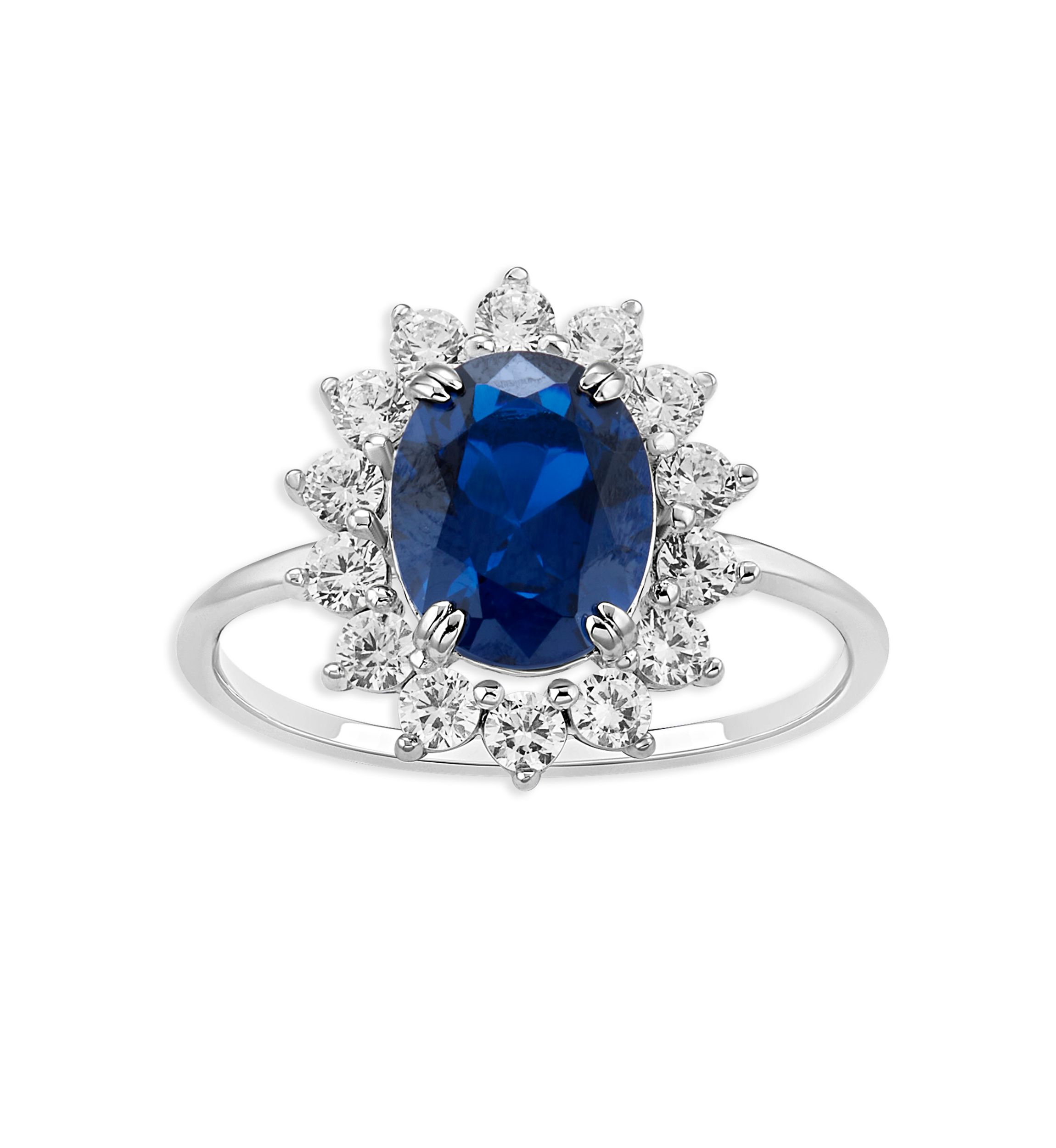 Sterling Silver Oval Sapphire Spinel Cubic Zirconia Flower Ring