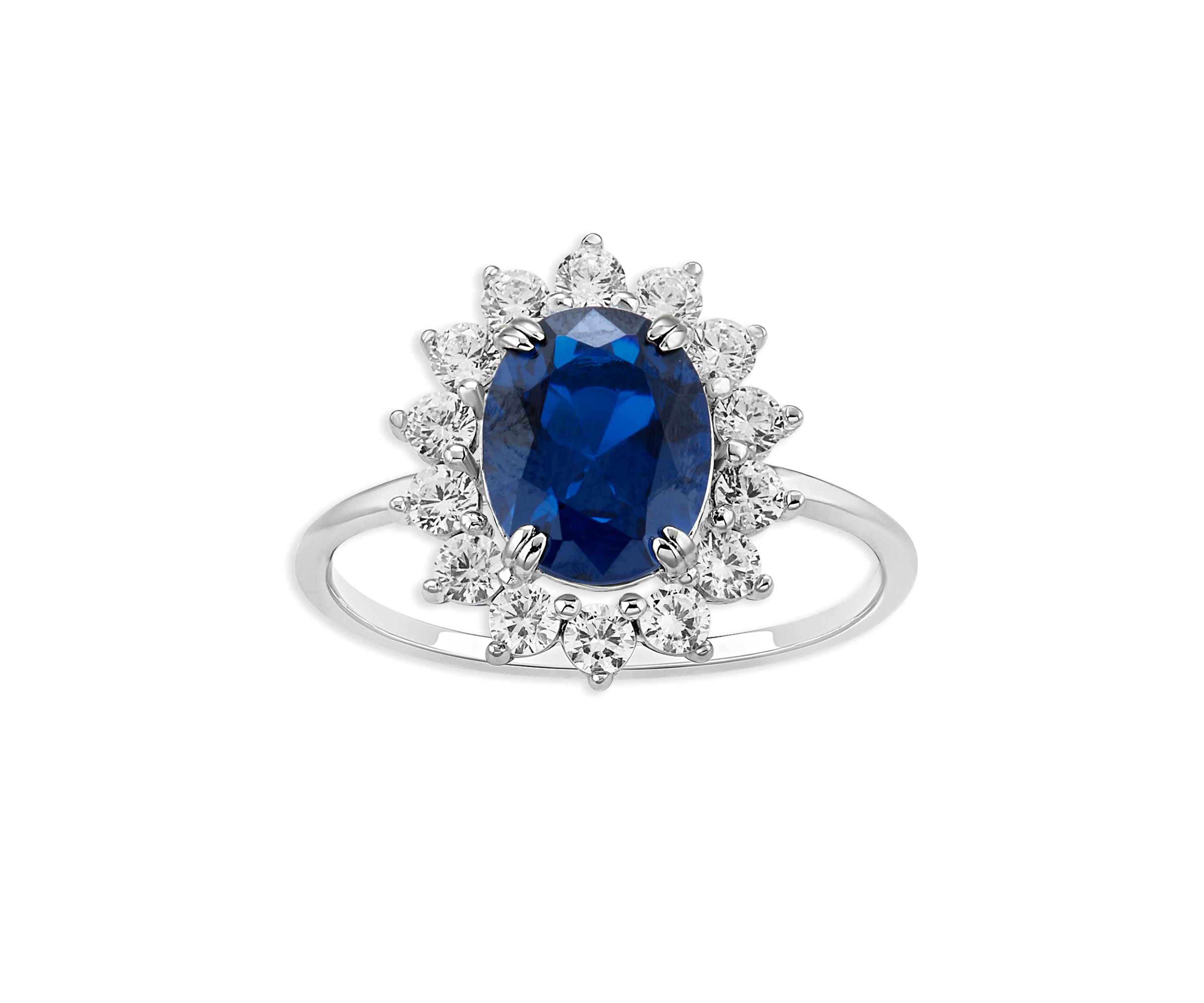 Sterling Silver Oval Sapphire Spinel Cubic Zirconia Flower Ring