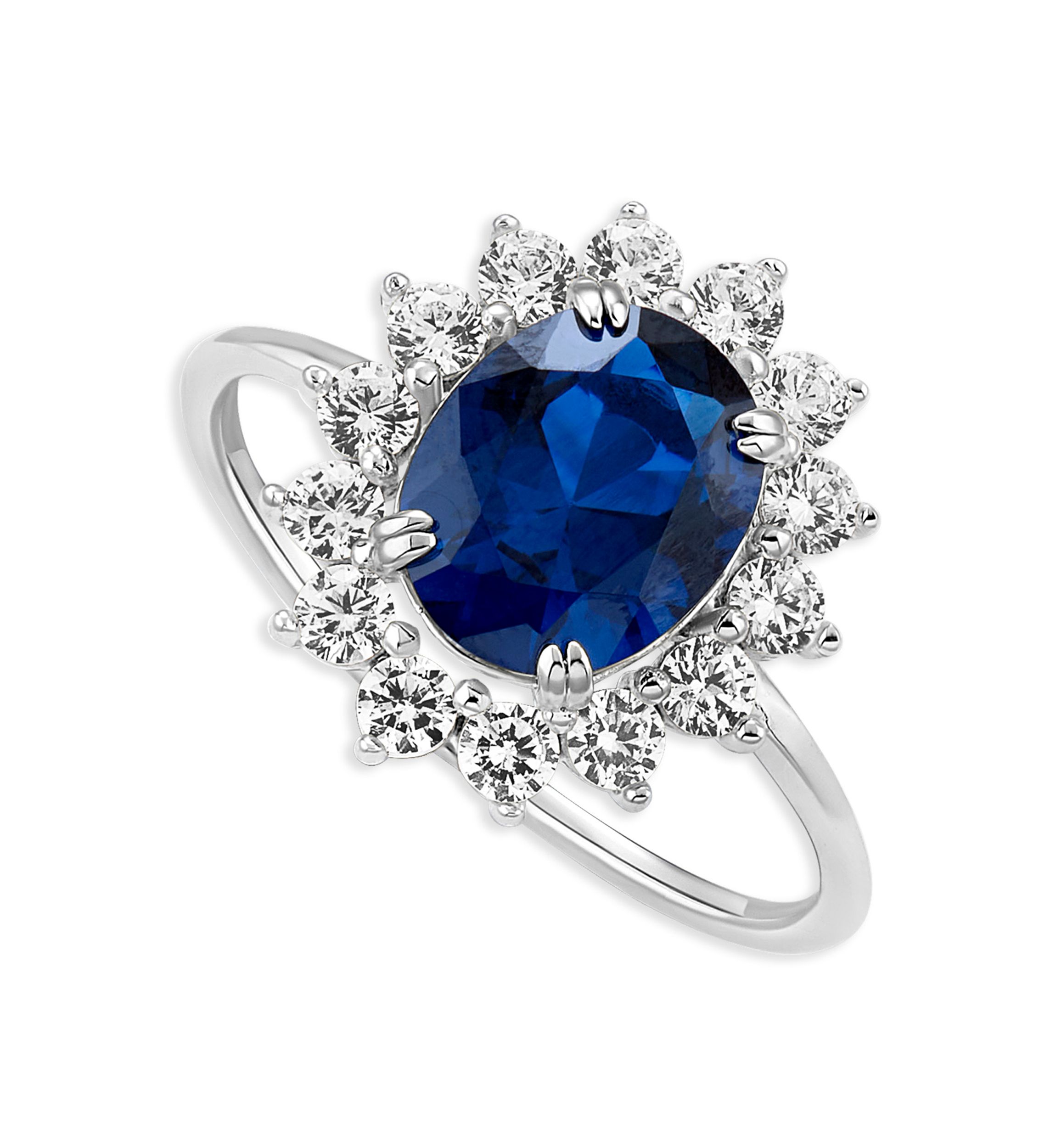 Sterling Silver Oval Sapphire Spinel Cubic Zirconia Flower Ring