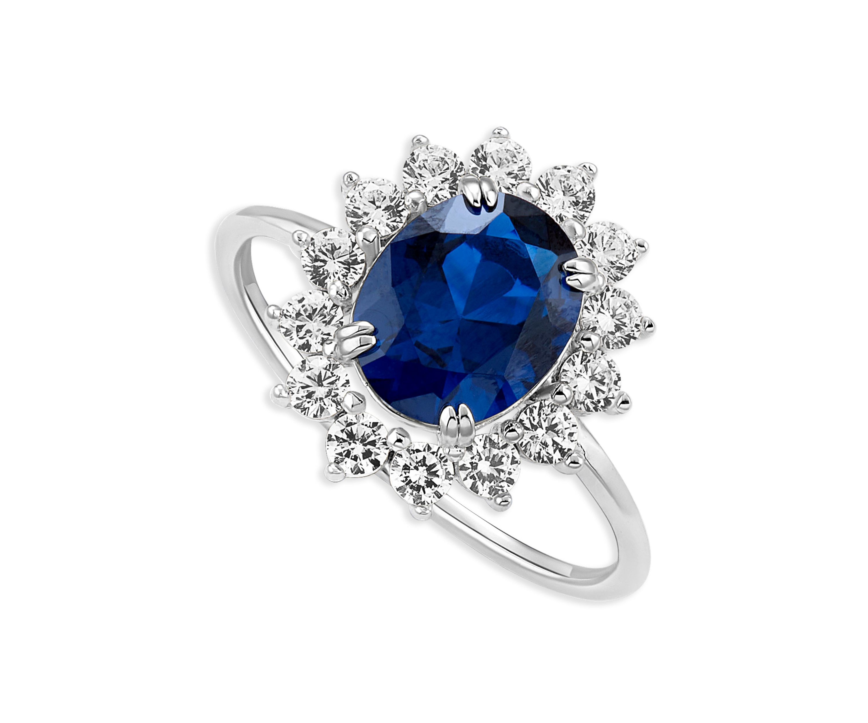 Sterling Silver Oval Sapphire Spinel Cubic Zirconia Flower Ring