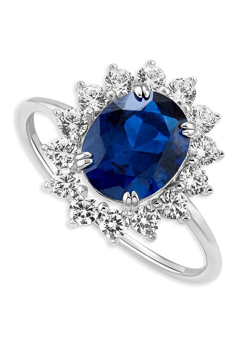 Sterling Silver Oval Sapphire Spinel Cubic Zirconia Flower Ring