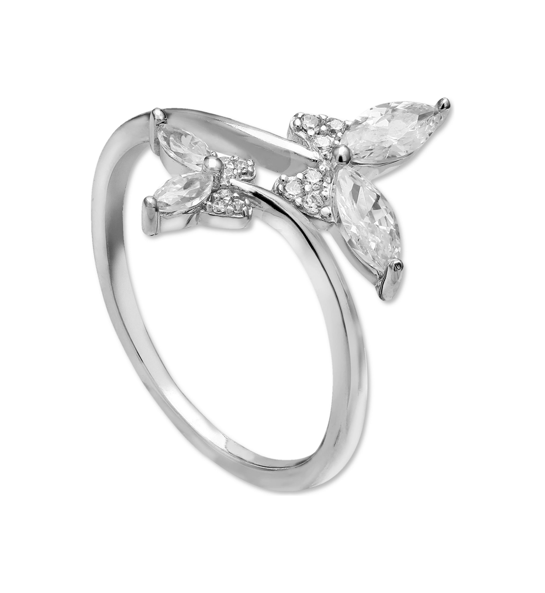 Cubic Zirconia Bypass Butterfly Ring in Sterling Silver
