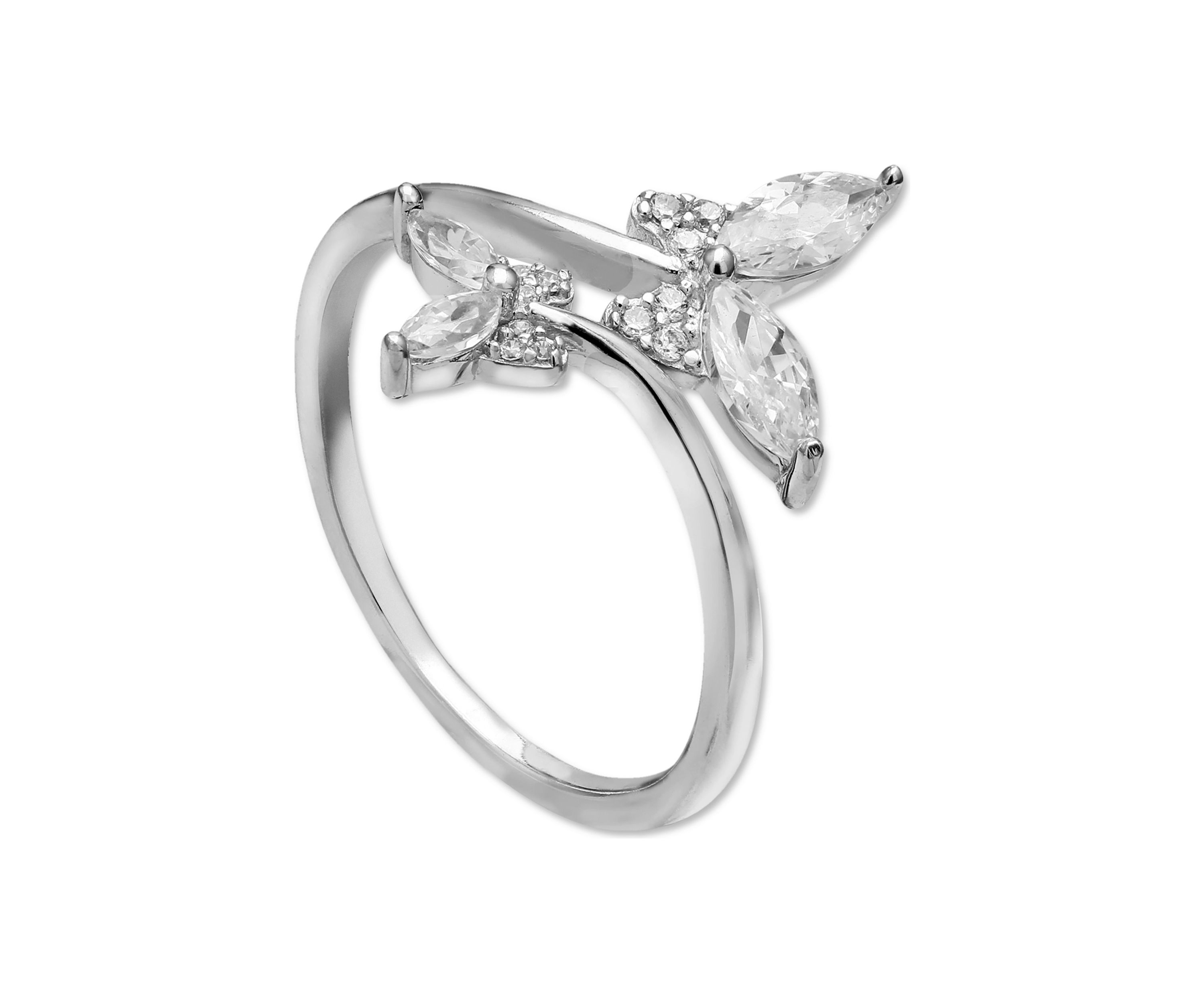 Cubic Zirconia Bypass Butterfly Ring in Sterling Silver