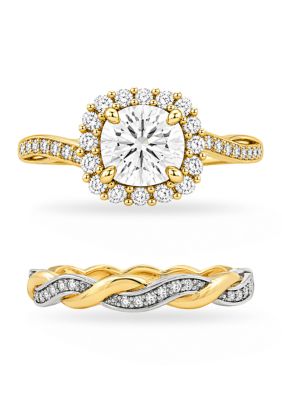 Belk Silverworks Fine Plated Pavé Cubic Zirconia Halo Twisted Band Ring Set, Silver, 7