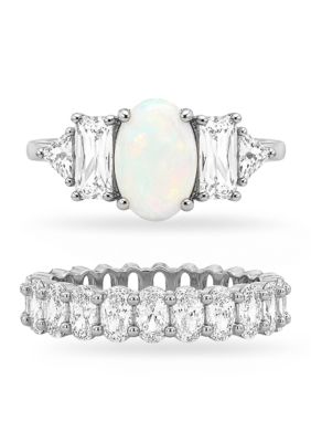 Belk Silverworks Fine Silver Plated Oval Opal Baguette Band Ring Set, White, 9