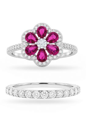 Belk Silverworks Fine Silver Plated Cubic Zirconia & Corundum Flower Pavé Band Ring Set, Fuchsia, 7