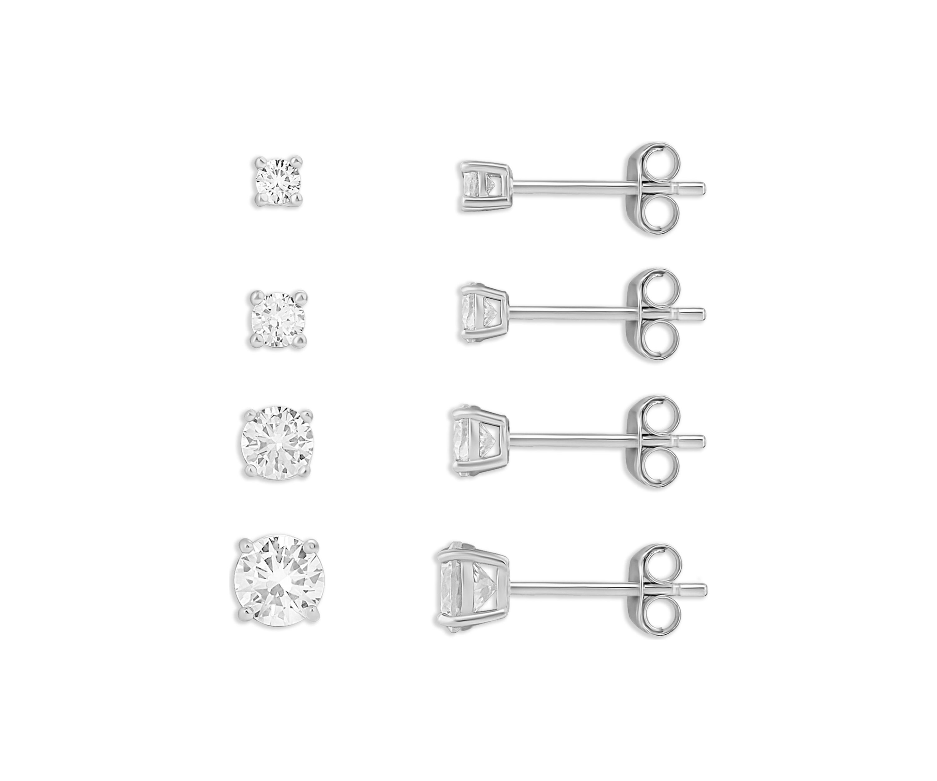 Sterling Silver 2.5, 3, 4, and 5 Millimeter Round Cubic Zirconia Stud Earrings Quad Set