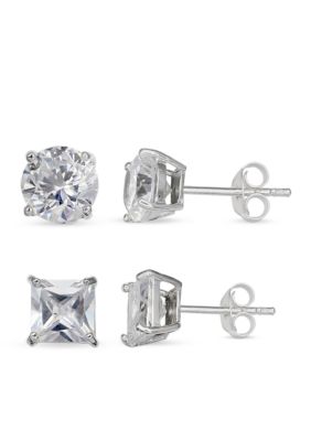 Belk Silverworks Simply Sterling Silver Duo Cubic Zirconia Round & Princess Stud Earring Set