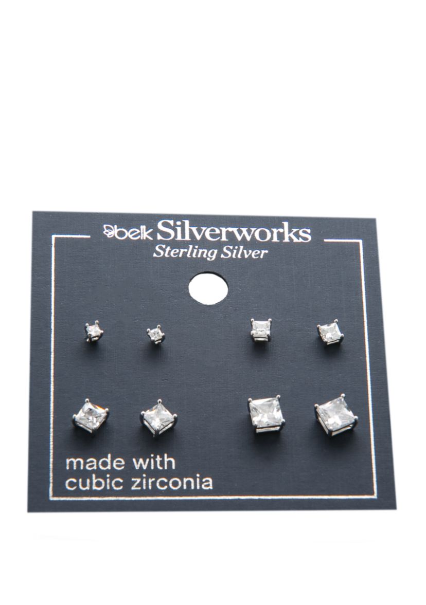 Sterling Silver 4 Pair Princess Cut Cubic Zirconia Earring Set