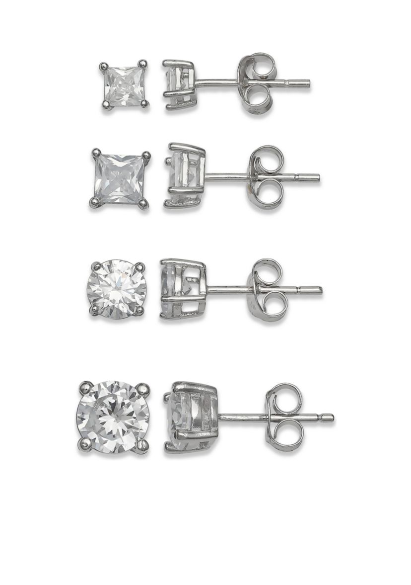 Sterling Silver Cubic Zirconia Stud Earrings Set