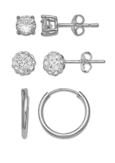 10 Millimeter Hoop, 4 Millimeter Cubic Zirconia Stud, and 4 Millimeter Fireball Stud Earrings 