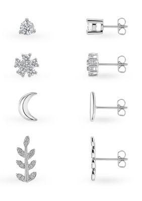 Belk Sterling Silver Sterling Silver Cubic Zirconia Round, Flower, Moon & Leaf Stud Earring Set