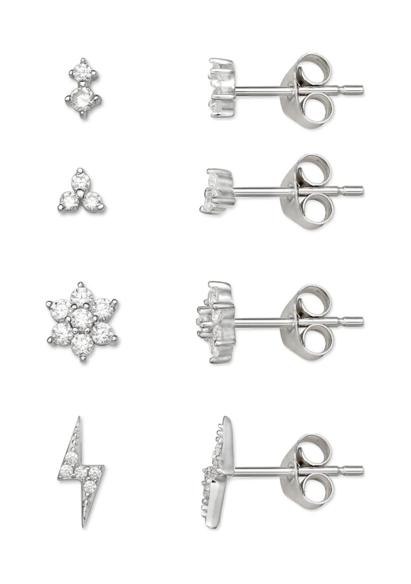Cubic Zirconia Flower Bolt Stud Earrings Set 