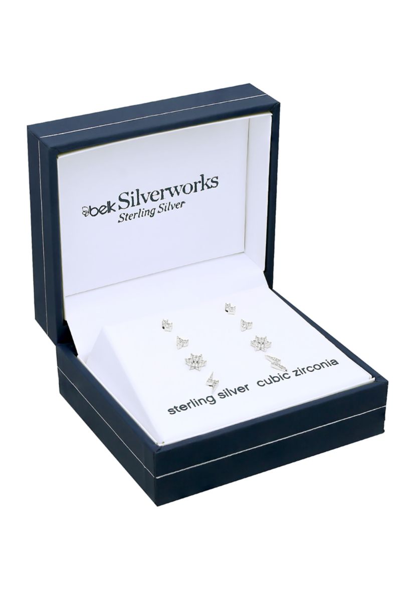 Cubic Zirconia Flower Bolt Stud Earrings Set 