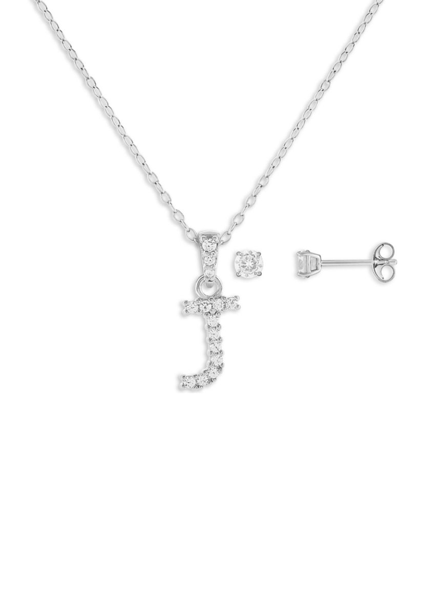 Sterling Silver Cubic Zirconia Initial and Round Earrings Set in Ornament Gift Box