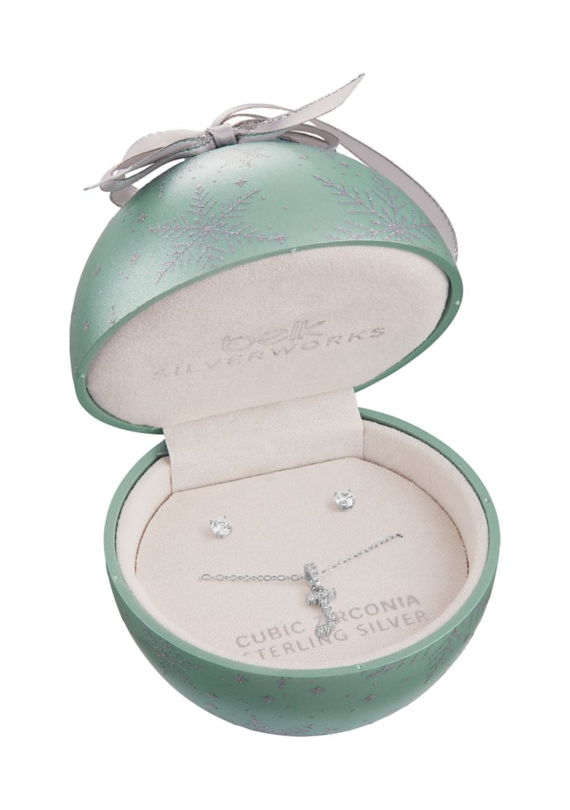 Sterling Silver Cubic Zirconia Initial and Round Earrings Set in Ornament Gift Box