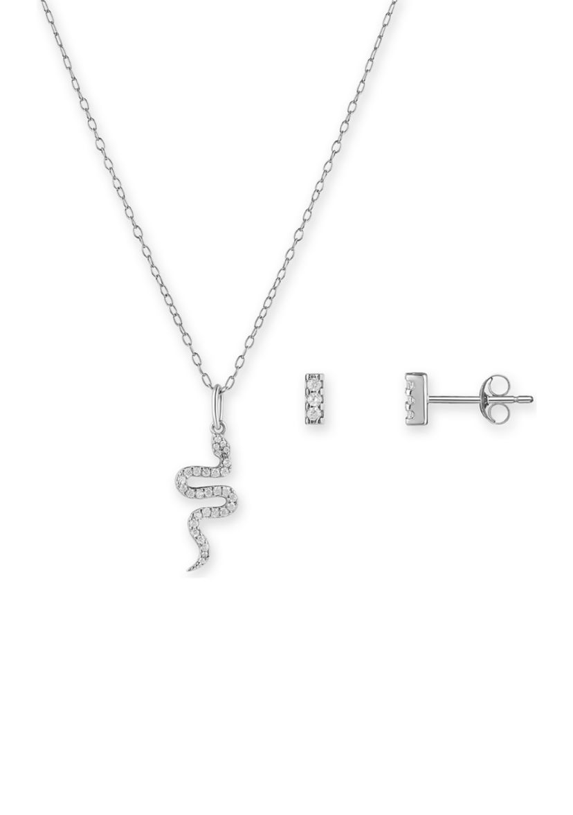Sterling Silver Pavé Cubic Zirconia Snake Pendant & Bar Stud Set