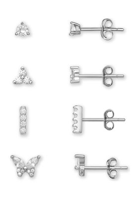 Belk Sterling Silver Cubic Zirconia Round Flower Bar Butterfly Stud Earrings Set