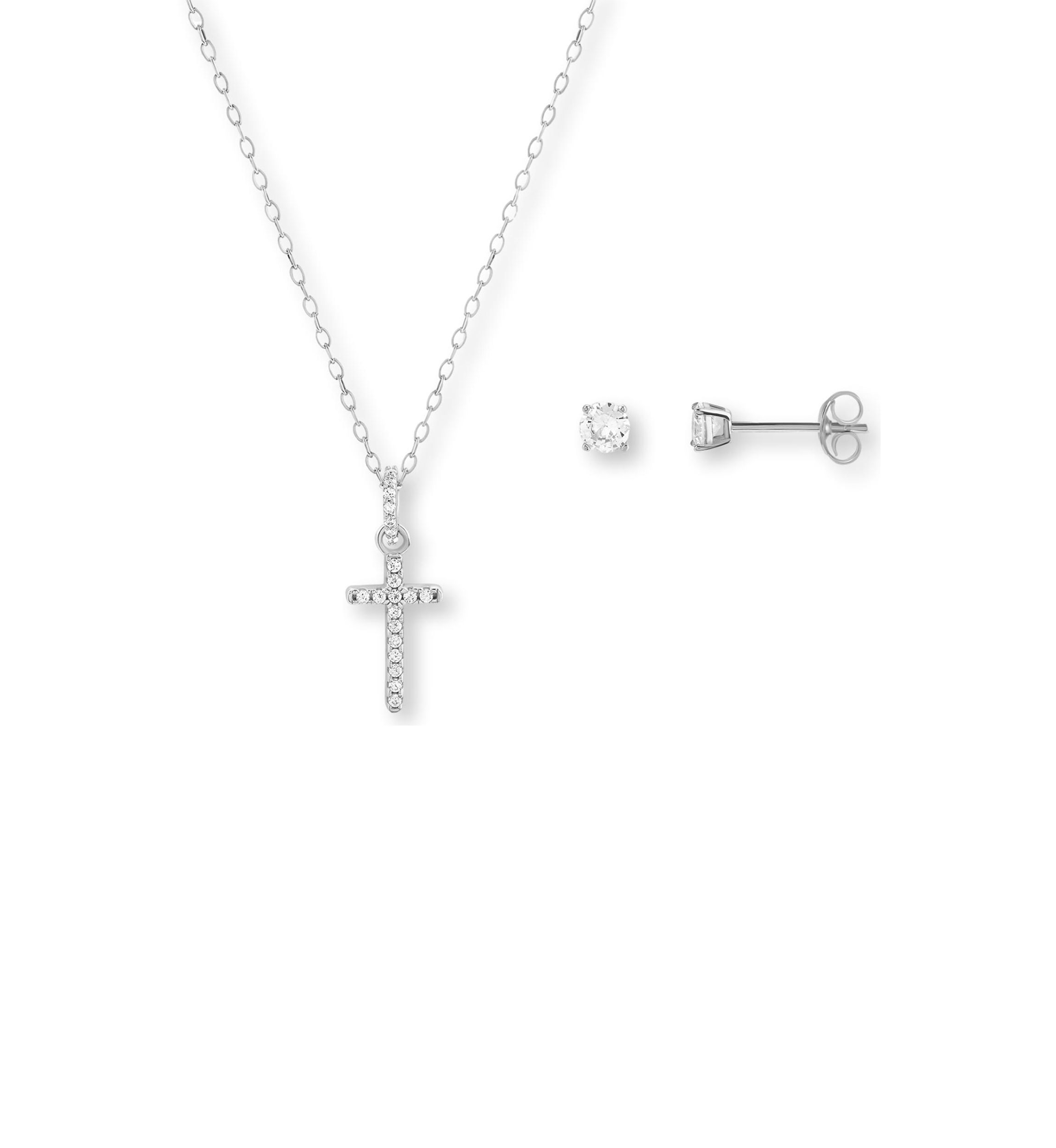 Sterling Silver Cubic Zirconia Pavé Cross pendant & Round Studs Set