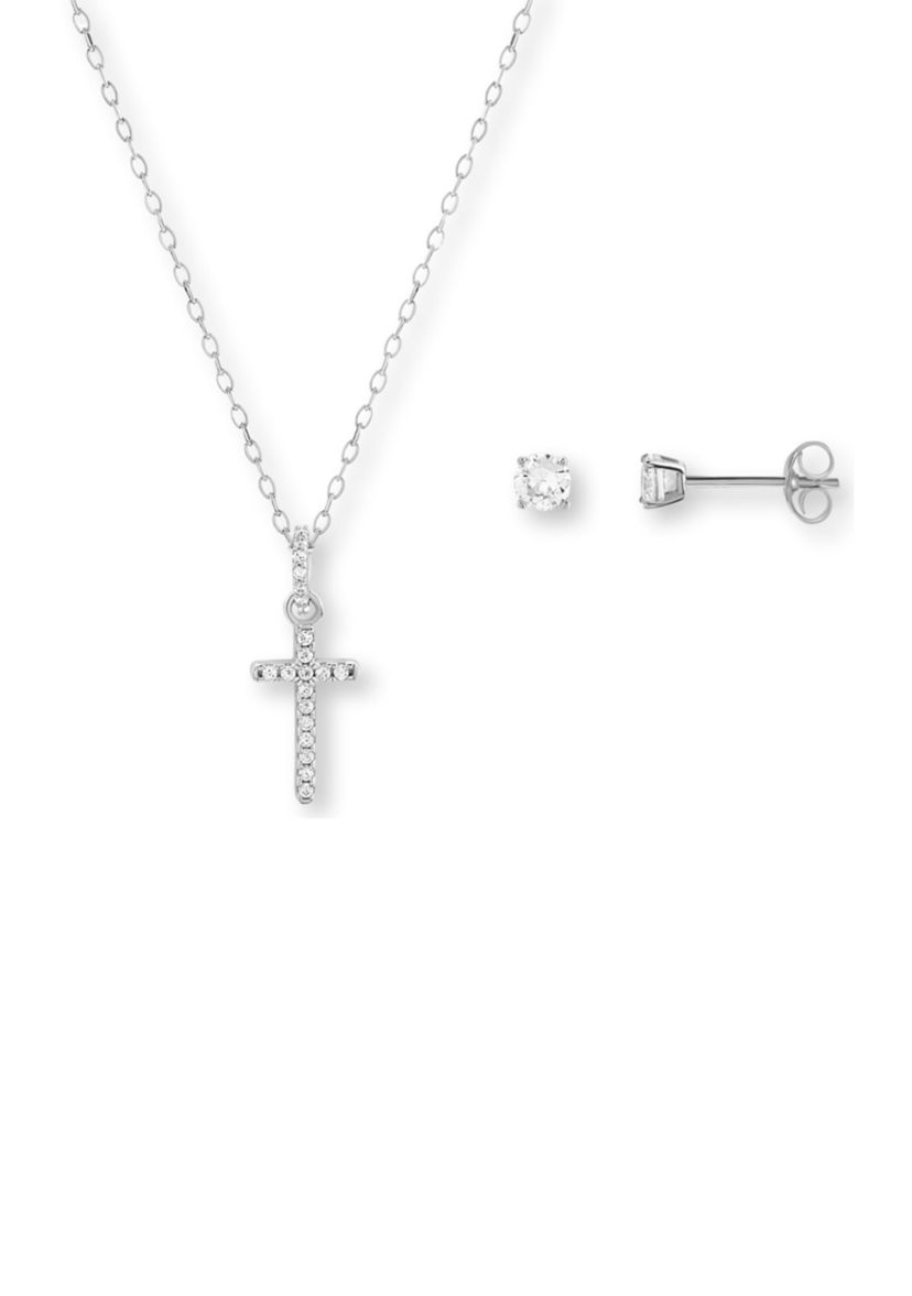 Sterling Silver Cubic Zirconia Pavé Cross pendant & Round Studs Set