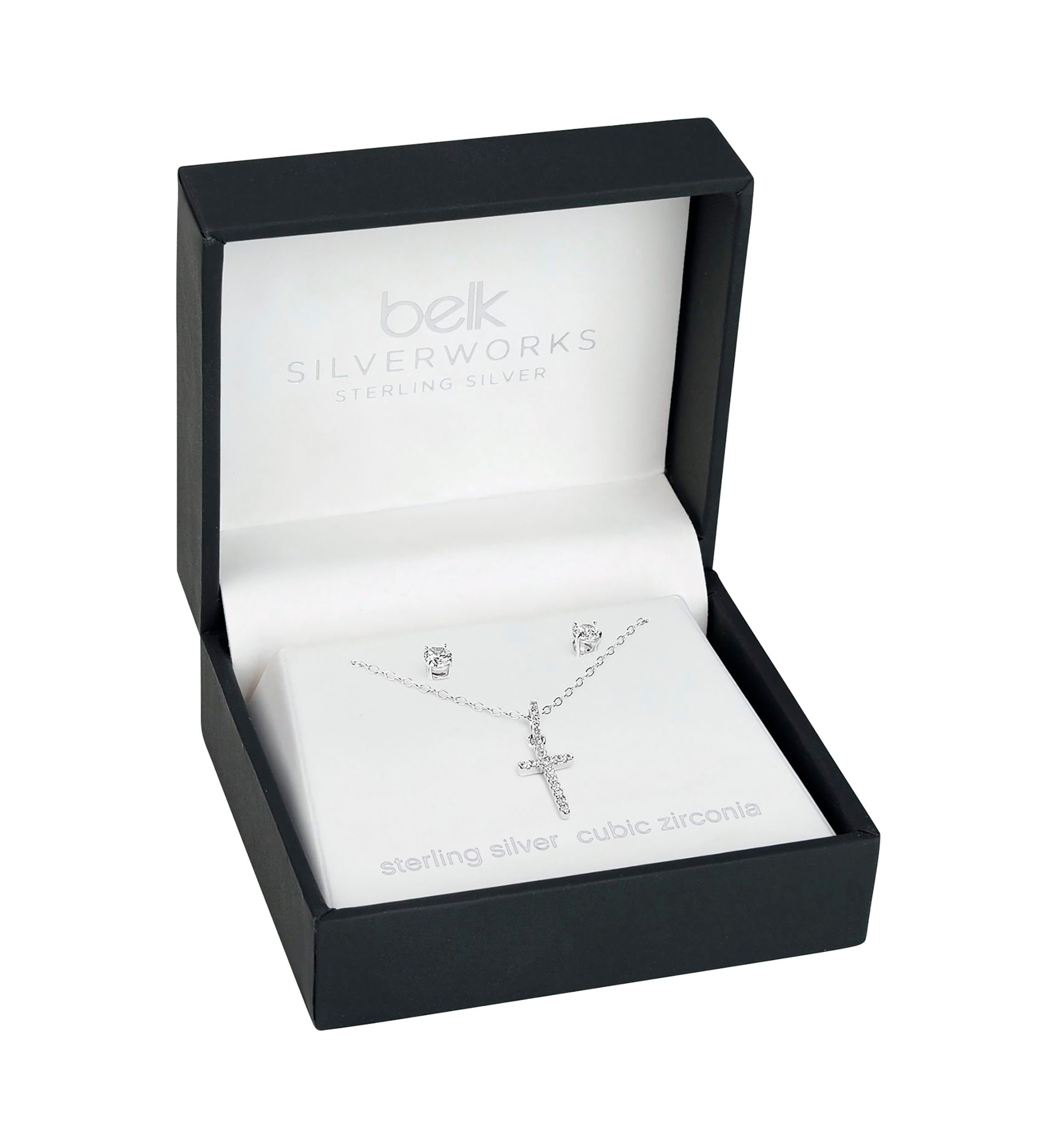 Sterling Silver Cubic Zirconia Pavé Cross pendant & Round Studs Set