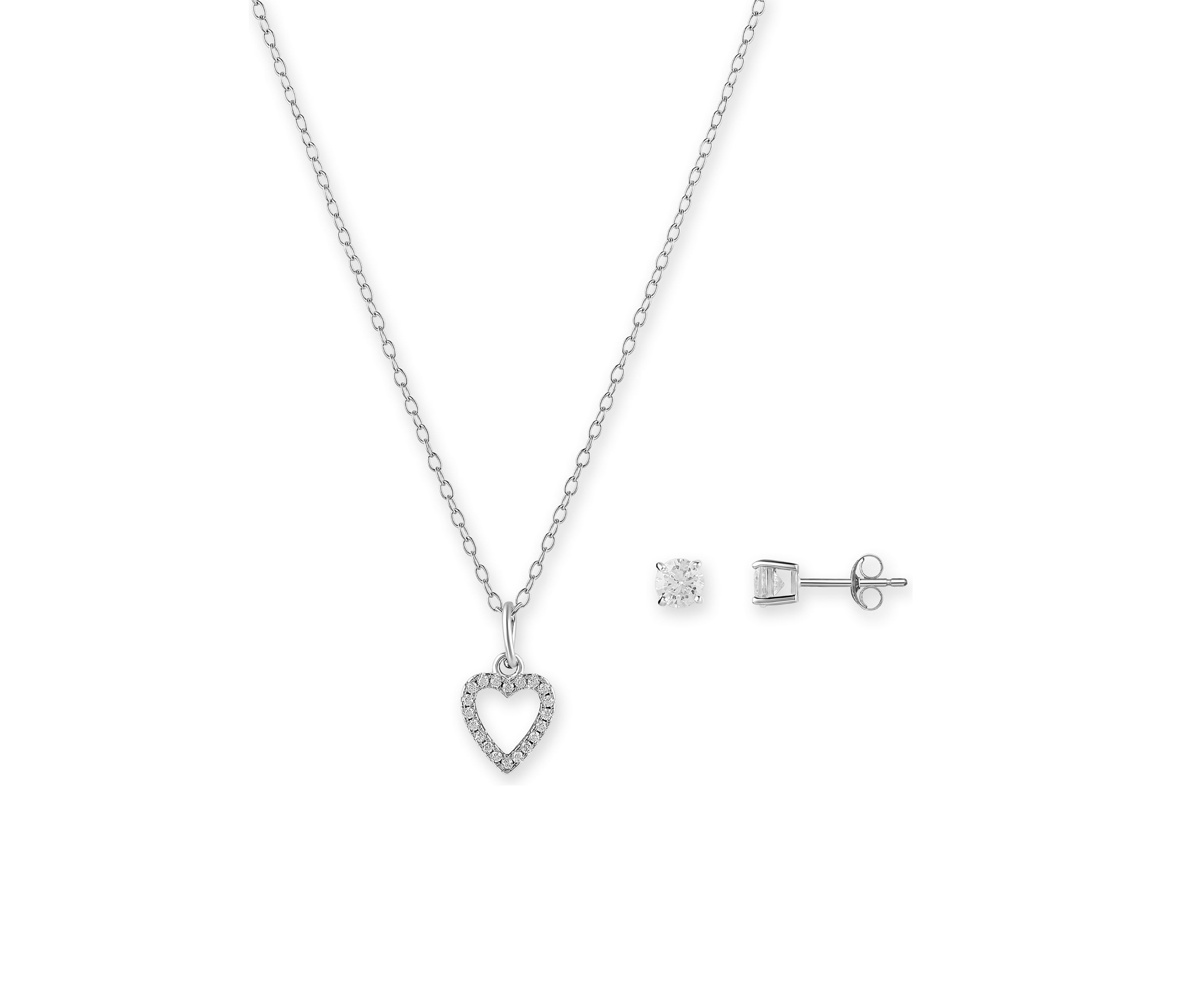 Sterling Silver Pavé Cubic Zirconia Heart Pendant & Round Studs Set