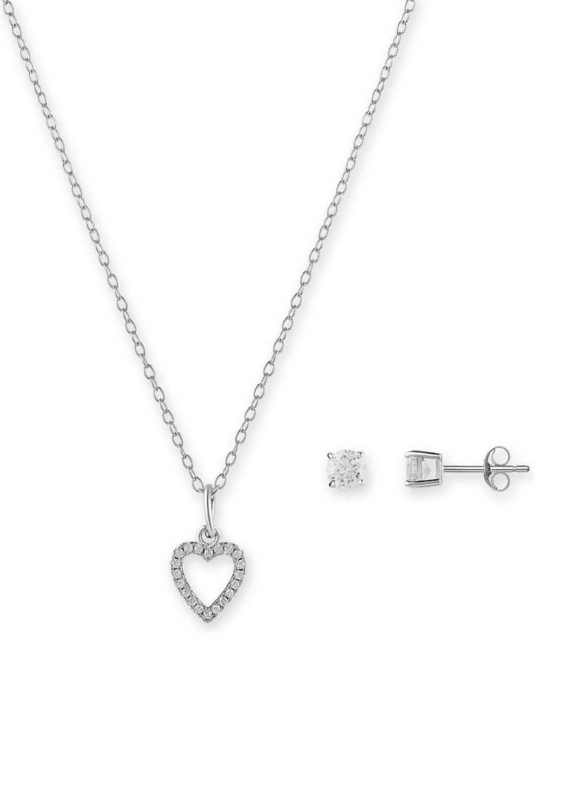 Sterling Silver Pavé Cubic Zirconia Heart Pendant & Round Studs Set