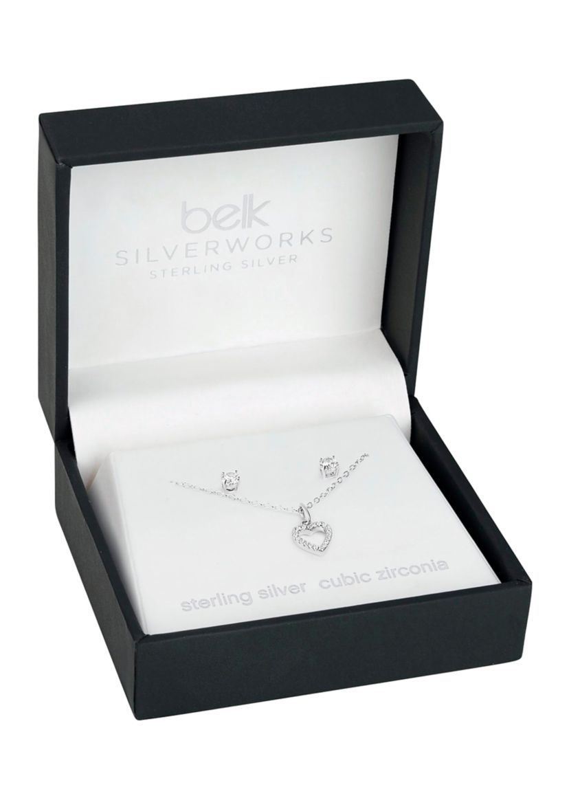 Sterling Silver Pavé Cubic Zirconia Heart Pendant & Round Studs Set