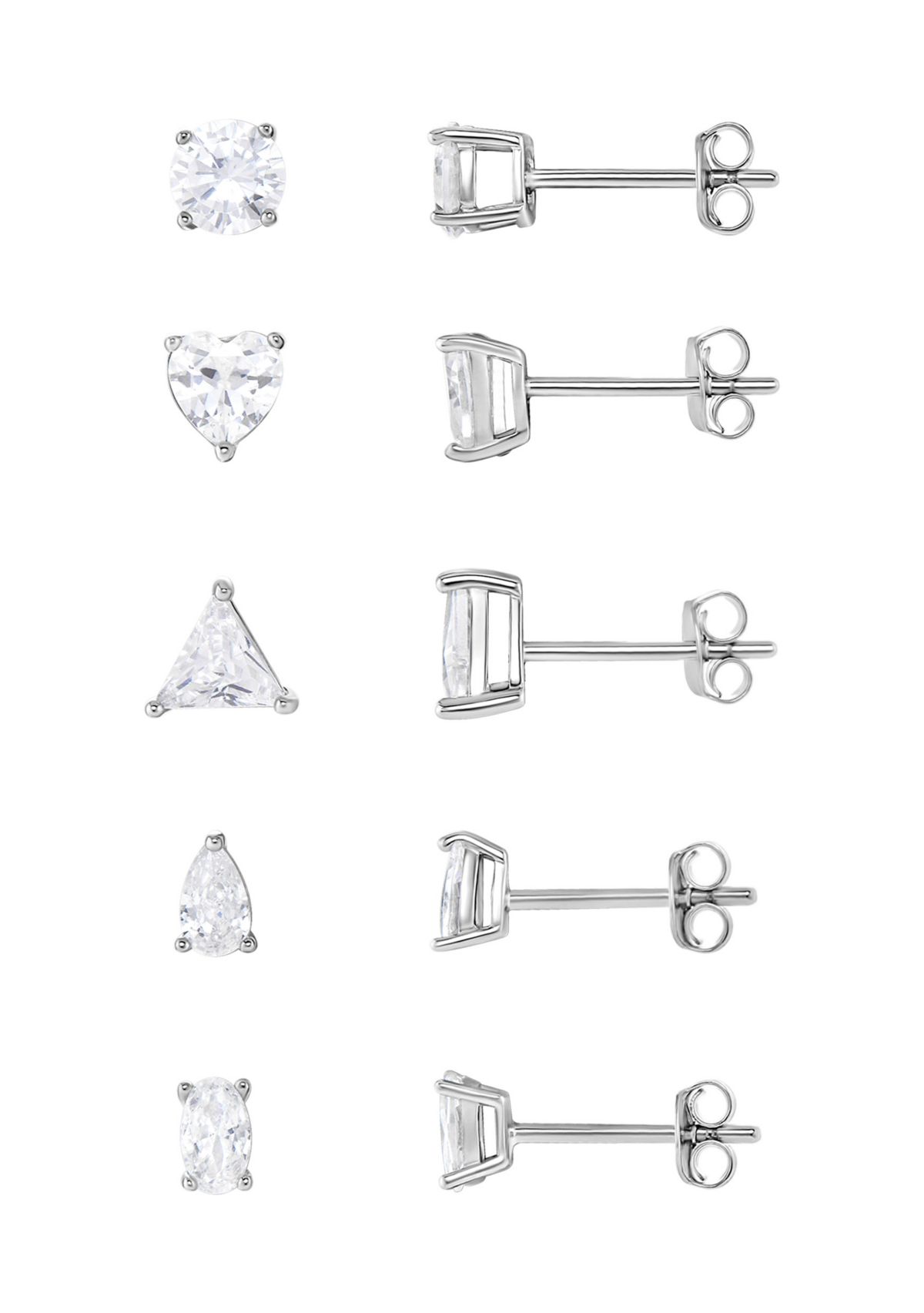 Sterling Silver Cubic Zirconia Multi Shape Stud 5-pair Set