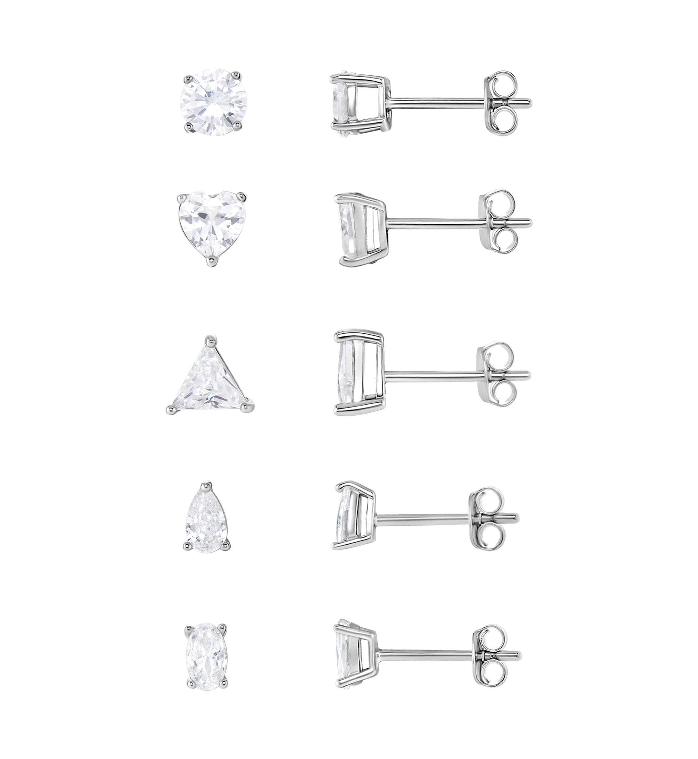 Sterling Silver Cubic Zirconia Multi Shape Stud 5-pair Set