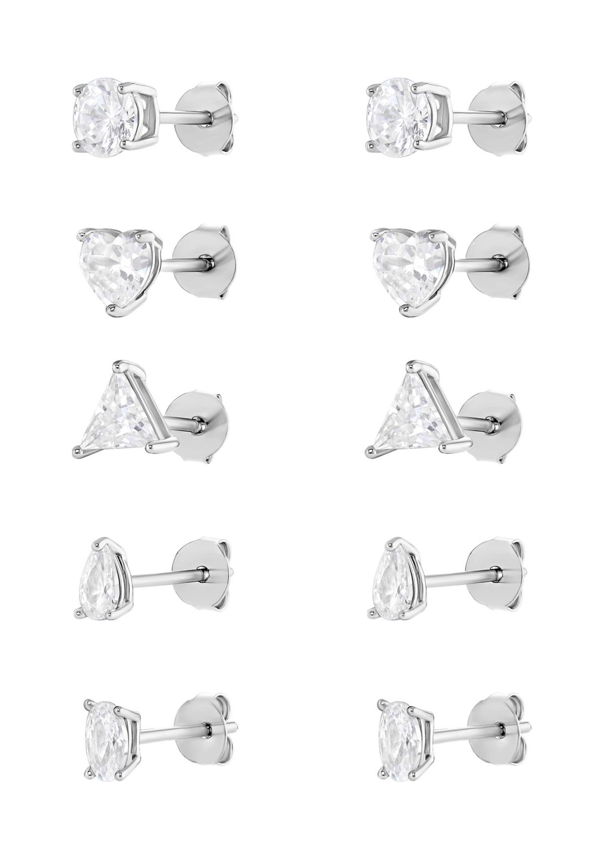 Sterling Silver Cubic Zirconia Multi Shape Stud 5-pair Set